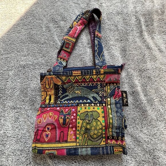 Vtg Laurel Burch Purse Cat Dog Tapestry Velvet‎ Sequin Animal Lover Kitchy 18758 - Picture 2 of 11